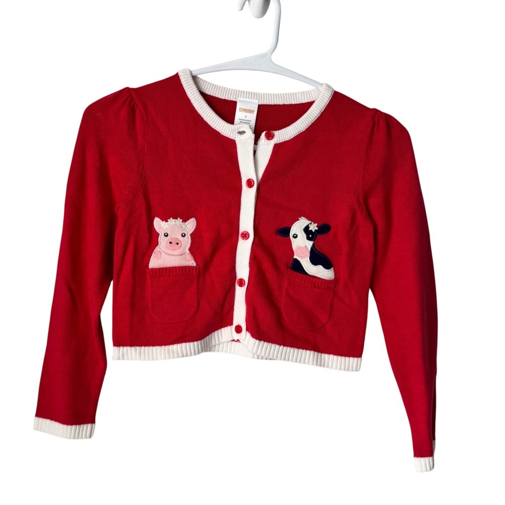 Gymboree Girls Red Cotton Animal Pocket Cardigan Sweater Pig Cow Size 6